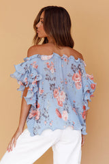 Miranda Off-Shoulder Ruffle Sleeve Top Floral Print Blue
