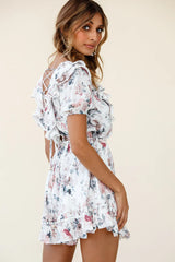 Finders Keepers Ruffle Trim Lace-Up Back Dress Floral Print White