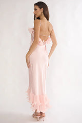 Okay, Cupid Low Back Ruffle Trim Maxi Dress Pink