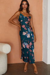 Suki Front Split Midi Dress Oriental Floral Print Forest Green
