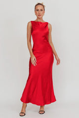 Carmine Satin Sleeveless Maxi Dress Wine