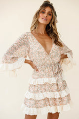 Tulsa 3/4 Sleeve Waist Tie Frill Dress Floral Print Nude