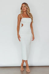 Mary Jane Gathered Bust Tie Back Midi Dress White