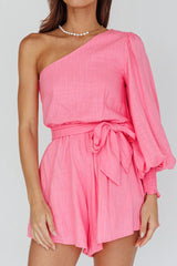 Summer Lover One-Shoulder Long Sleeve Romper Pink