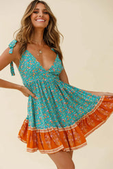 Maven Tied Shoulder Low Back Dress Flower Print Jade