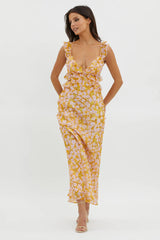 Second Chances Ruffle Trim Maxi Dress Flowers Yellow