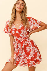 Cami Angel Sleeve Faux Wrap Dress Abstract Floral Print Rust