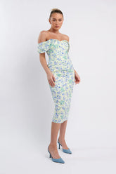 Lillianne Off-Shoulder Midi Dress Floral Blue