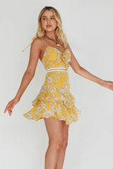 Flower Child Bust Tie Crochet Trim Dress Orchid Print Yellow