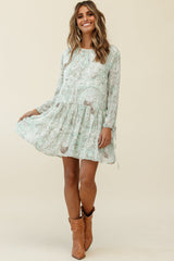 Mina Long Sleeve Button Back Shift Dress Ornate Print Green