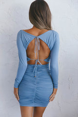 Jazz Club Long Sleeve Ruched Open Back Mini Dress Midnight