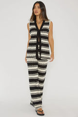 Maysah Button-Up Crochet Top Black/White