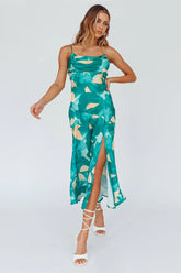 Well Versed Pleated Bust Front Split Dress Flora Green
