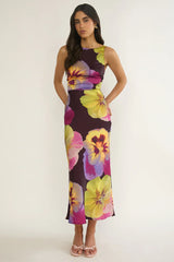 Floating Strappy Low Back Maxi Dress Pansies Plum