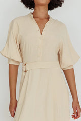 Mallory Belted Waist Lantern Sleeve Midi Dress Beige