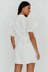 Serita Belted Puff Sleeve Eyelet Mini Dress White