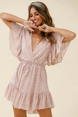 Esme V-Neckline Drawstring Waist Dress Sprinkle Print Pink