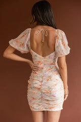 Good Vibes Puff Sleeve Deep V-Neckline Mini Dress Floral Print Orange