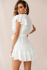 Sheridan Double Frill Sleeve Crochet Detail Dress White