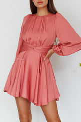 Leia Long Sleeve Waist Tie Mini Dress Rose