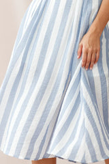 Crystal Tied Knot Belt Midi Dress Stripe Print Blue