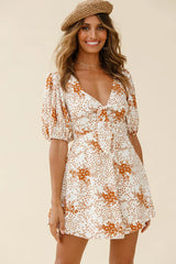Portia Tied Bust Puff Sleeve Dress Flower Pattern Tan
