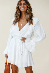 Adina Fluted Long Sleeve Frill Detail Dress White