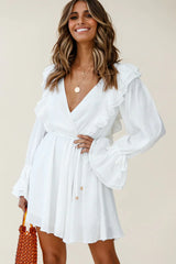 Adina Fluted Long Sleeve Frill Detail Dress White