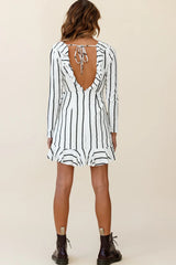 Beatrice Faux Wrap Ruffle Trim Raw Edge Dress White/Black Stripe