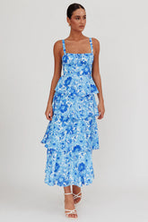 Provence Bloom Tiered Floral Maxi Dress Blue