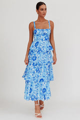 Provence Bloom Tiered Floral Maxi Dress Blue