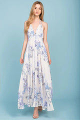 Baylor Floral Print Open Back Maxi Dress Beige