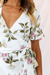 Omara Floral Wrap Ruffle Trim Dress White