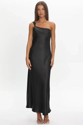 Carmel One-Shoulder Sash Maxi Dress Black