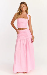 Anya Two Piece Top and Skirt Set - Gathered Halted Neck Top And High Waist Maxi Skirt in Pink