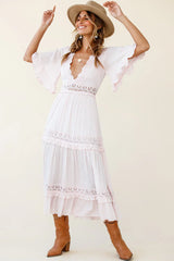 Indio Crochet Insert Deep V-Neckline Angel Sleeve Maxi Dress Pink