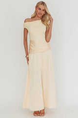 Diana Asymmetric Shoulder Pleat Waist Maxi Dress Butter