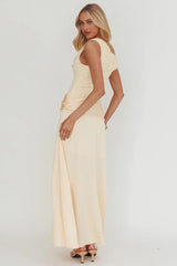 Diana Asymmetric Shoulder Pleat Waist Maxi Dress Butter