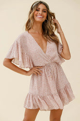 Esme V-Neckline Drawstring Waist Dress Sprinkle Print Pink