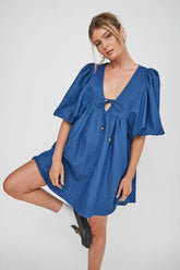 New Haven Puff Sleeve Swing Dress Indigo