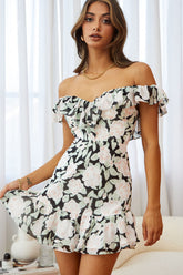 Sweet Melody Sweetheart Neckline Off-Shoulder Dress Floral Print Black/Nude