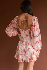 Catch Feelings Sweetheart Neckline Dot Trim Dress Rose Print Orange