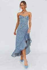 Moon Sweetheart Neckline Ruffle Midi Dress Denim