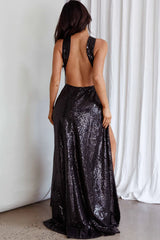 Kimba High Split Sequin Dress Black