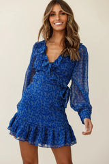 Regina Long Sleeve Ruffle Neckline Dress Flower Print Royal Blue