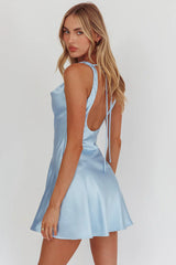 Brigid Cowl Neck Scoop Back Mini Dress Blue