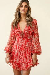 Odette Long Sleeve String Tie Neckline Vine Print Dress Red