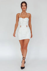 Harli Ruched Drawstring Keyhole Mini Dress White