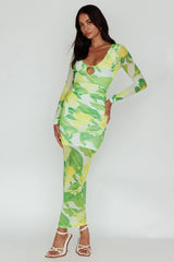 Chardae Long Sleeve Mesh Midi Dress Floral Green