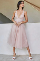 Floating By Plunging Neckline Mesh Overlay Midi Dress Apricot